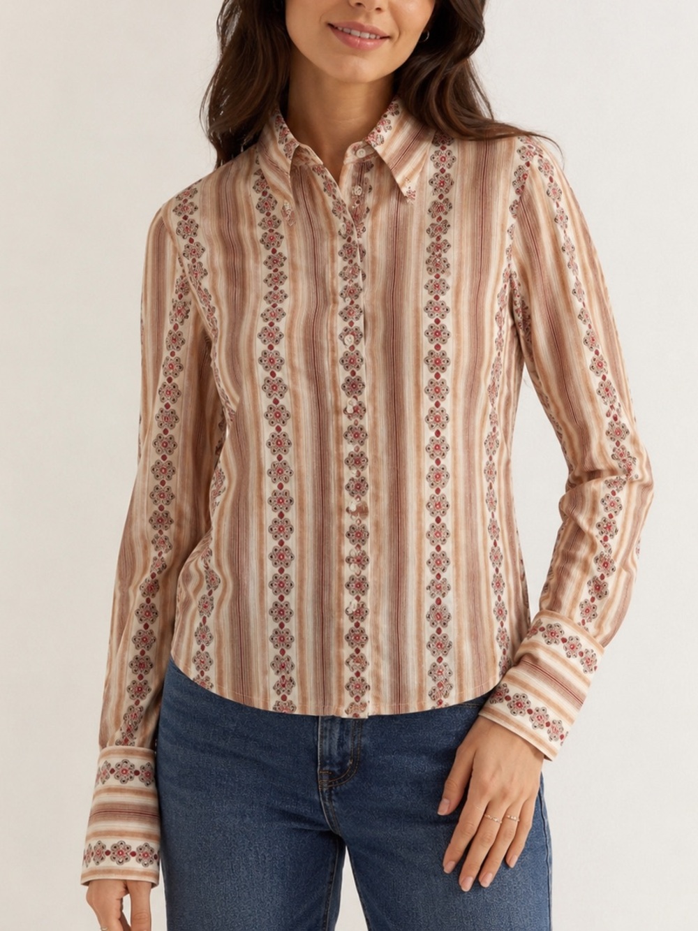Olily Vintage Western Style Striped Printed Button Up Long Sleeve Shirt Blouse